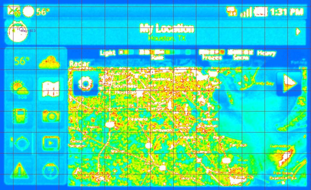 False color image luminance map taken by an imaging colorimeter of a smartphone display.
