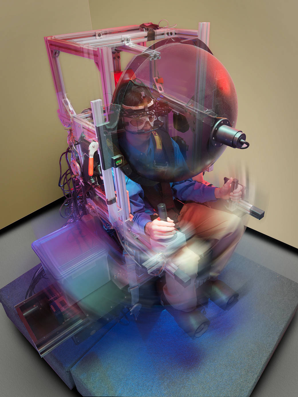A test subject  in the Variable Radius Centrifuge to investigate altered G-Loading. 