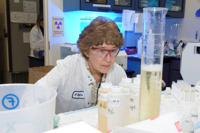 A researcher measures a beaker of urine in the Nutritional Biochemistry Laboratory for a vitamin D study.