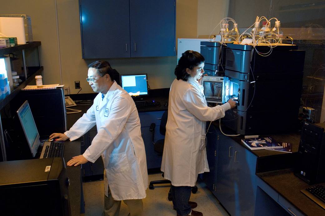 Scientists in the Pharmacotherapeutics Laboratory evaluate the active pharmaceutical ingredient (API) potency of medication