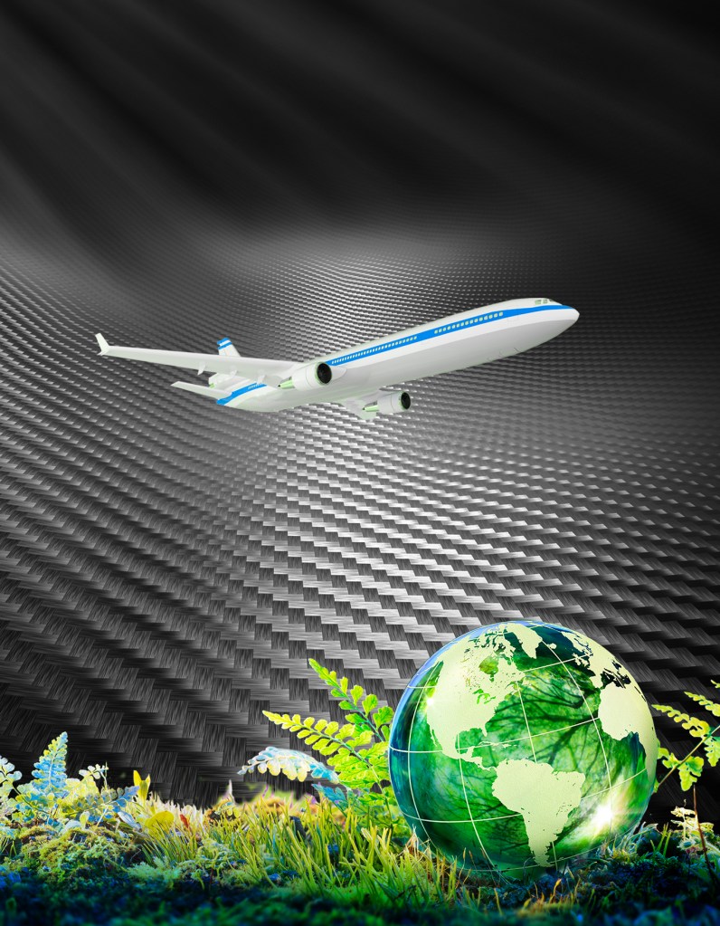 An artist illustration of an airplane in flight over a green composite material and a green globe with various plants on the ground.