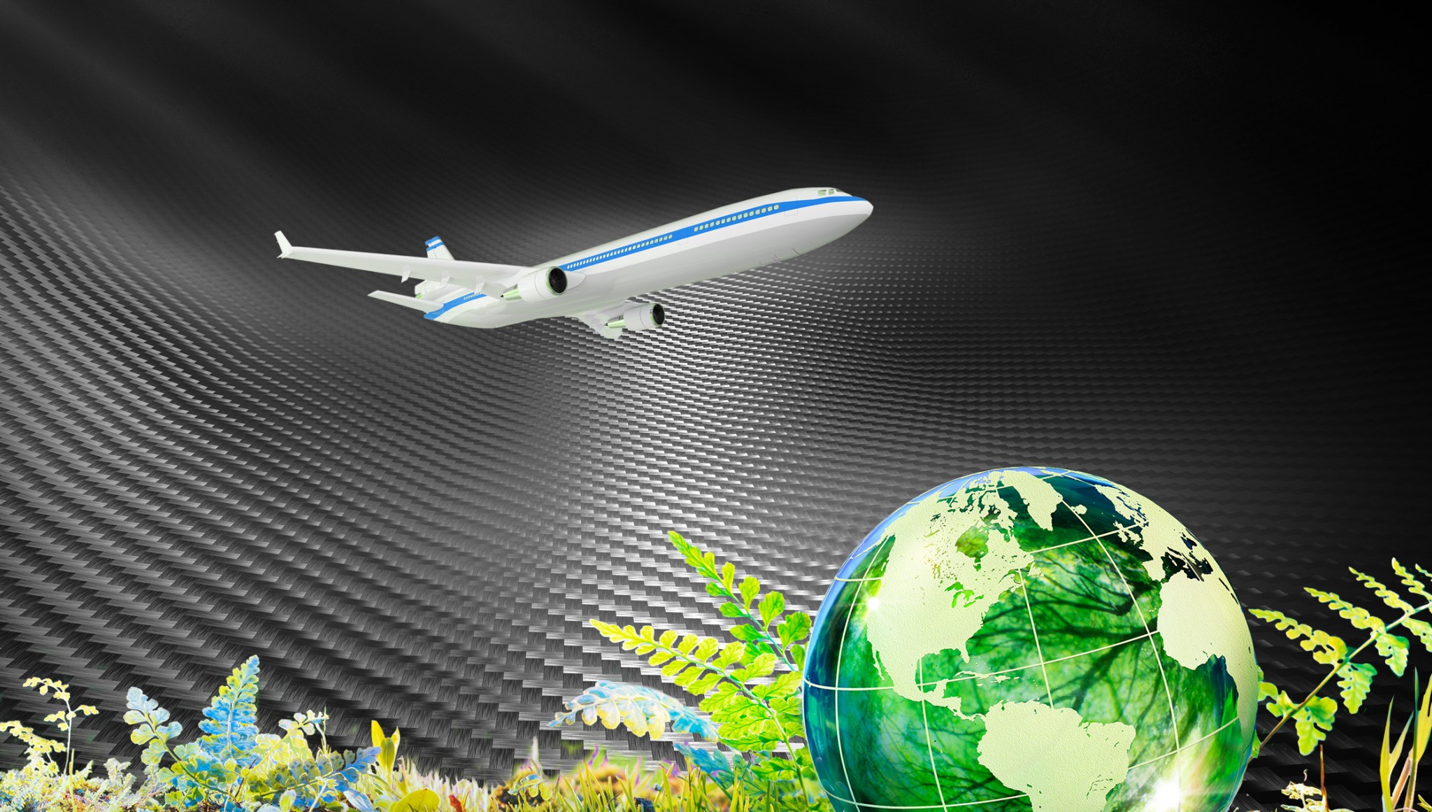 An artist illustration of an airplane in flight over a green composite material and a green globe with various plants on the ground.