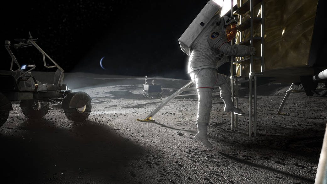Concept image of an Artemis astronaut stepping onto the lunar surface.