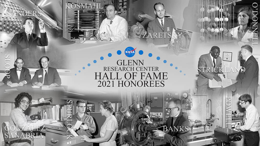 Graphic collage showing historical images of people working in laboratories and offices at NASA Glenn.
