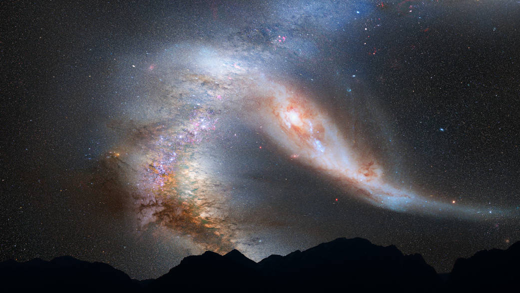This illustration depicts a view of the night sky just before the predicted merger between our Milky Way & the Andromeda galaxy