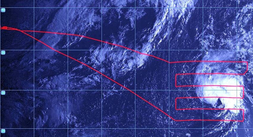 This graphic image shows the flight path (red lines) of NASA Global Hawk 872 over tropical storm Humberto during its flight on S
