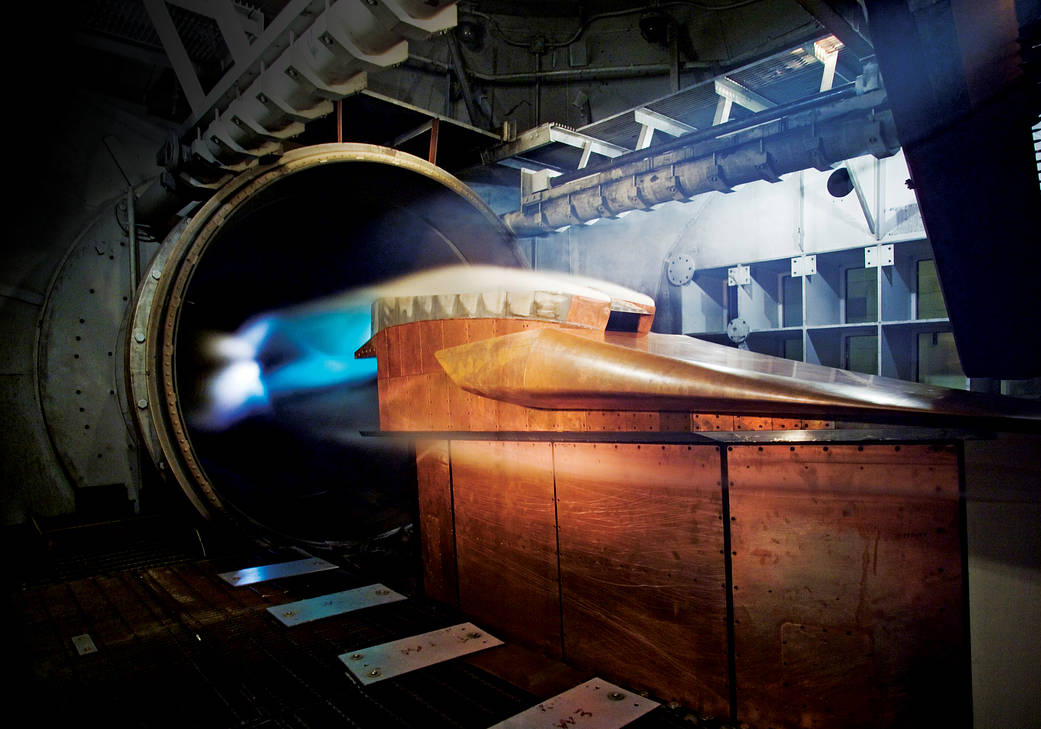 Hypersonic model test in the 8-Foot High Temperature Tunnel at NASA Langley.