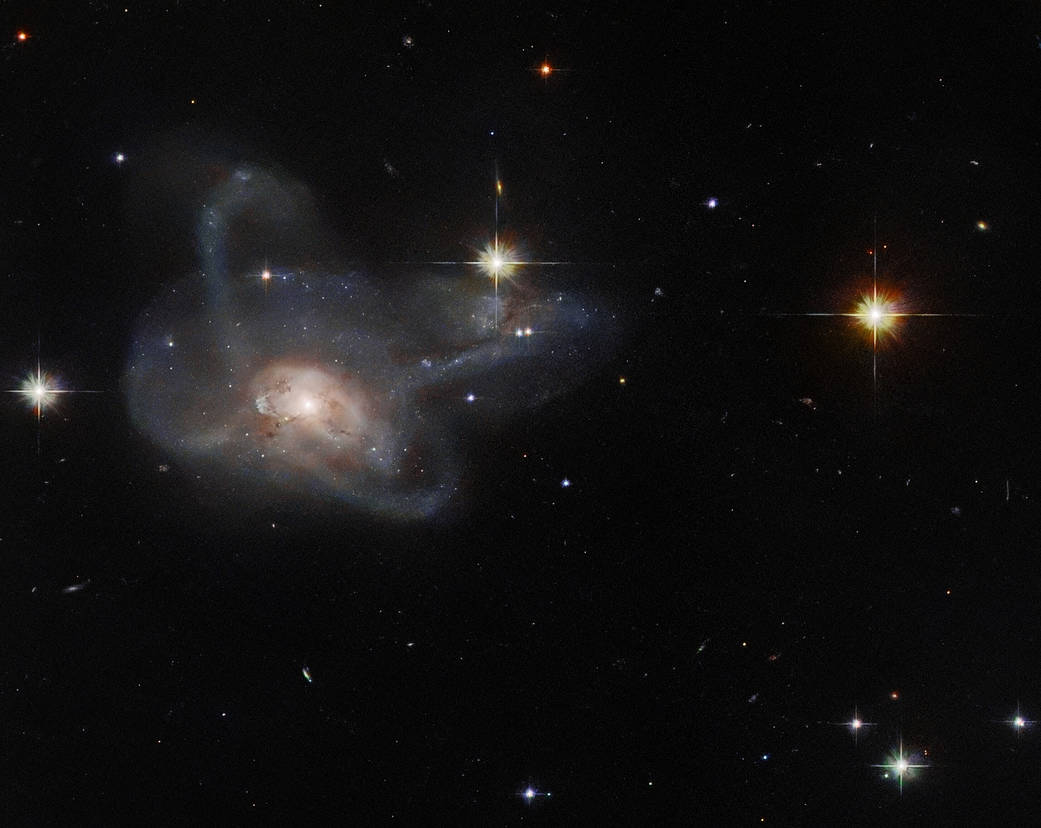 left of center: bright galaxy with 2 distinct rings of matter encircling a bright core. three bright foreground stars to the galaxy's left, upper right ,and far right