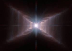 Star HD 44179 surrounded by a nebula shaped like an X