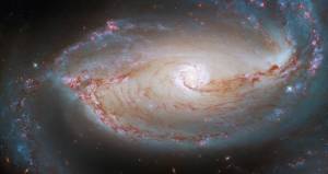 a large spiral galaxy fills the frame. reddish star-forming regions dot the tightly-wound  spiral arms