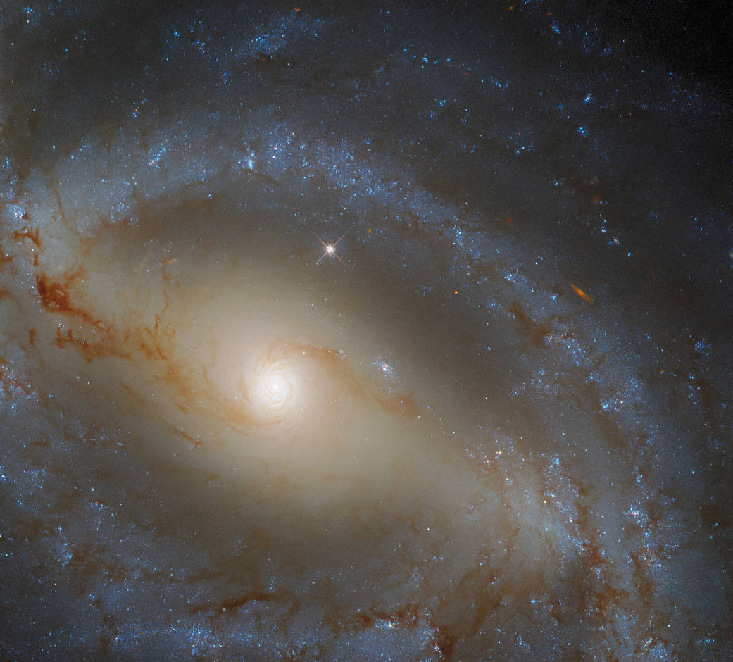 Large spiral galaxy with a bar of stars bisecting the image from the upper left to the lower right.