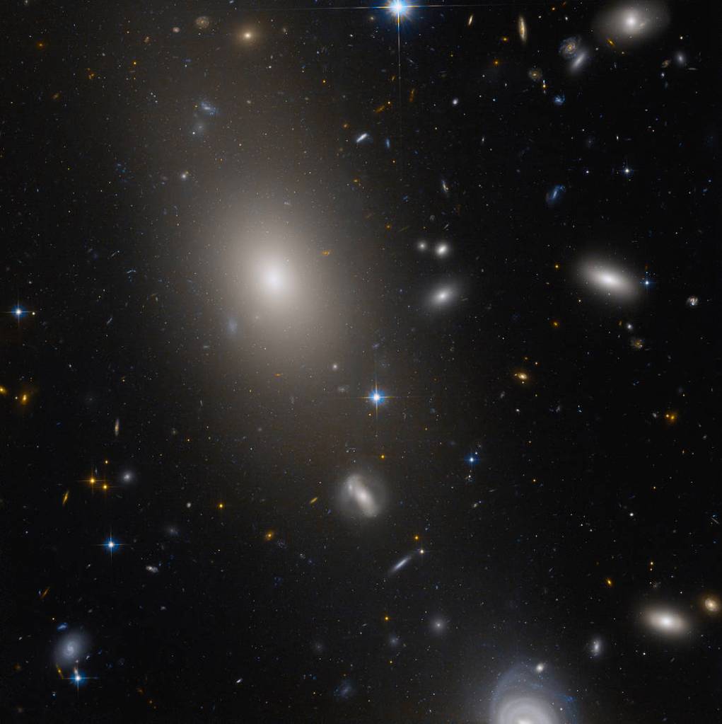 A field of galaxies. A large elliptical galaxy in the top left quadrant, with more distant galaxies visible through its fringes. 