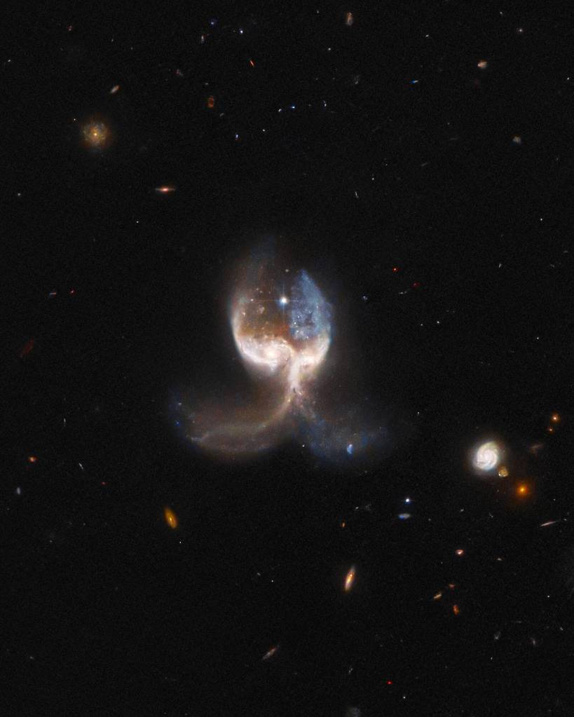 2 merging galaxies at image center form what looks like an angel with large wings. Distant galaxies dot the background