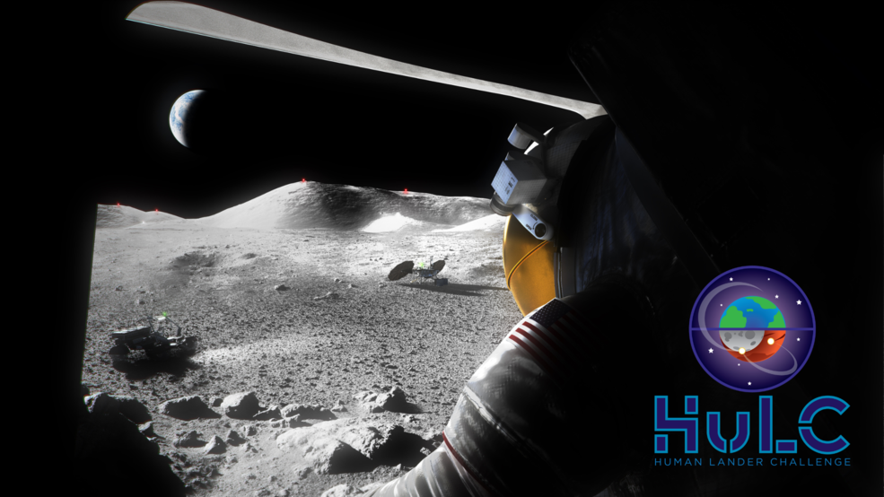 Human Lander Challenge logo overlaid on an artist's illustration of an Artemis astronaut looking out at the lunar surface. 