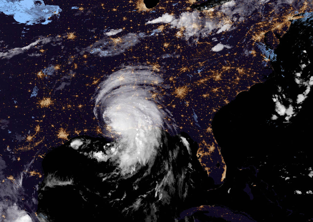 Hurricane Ida, seen moving inland over portions of southeastern Louisiana, southern Mississippi, and southern Alabama.