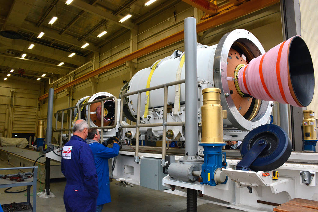 The second and third stages of the Orbital ATK Pegasus XL rocket for the ICON mission are offloaded at Vandenberg.