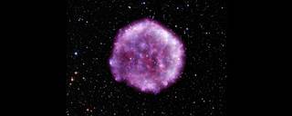 A pink and purple circle on a black space background with stars shows the exploded star.
