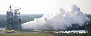 NASA conducts an RS-25 hot fire test on the Fred Haise Test Stand at NASA’s Stennis Space Center in south Mississippi on March 8, 2023.