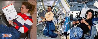 Three photos of women astronauts in space. 