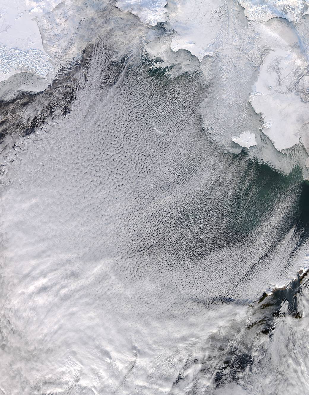 Ice, wind, cold temperatures and ocean waters combined to created dramatic cloud formations over the Bering Sea in late January,