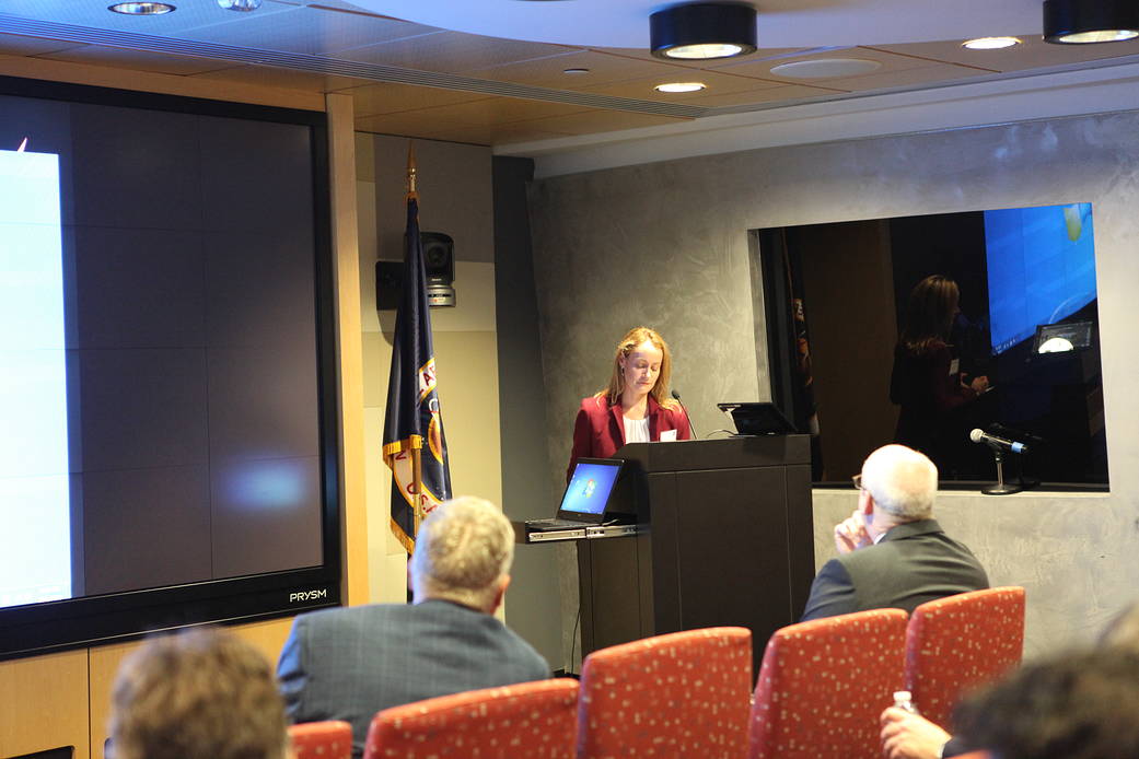 Person talking at podium with people watching