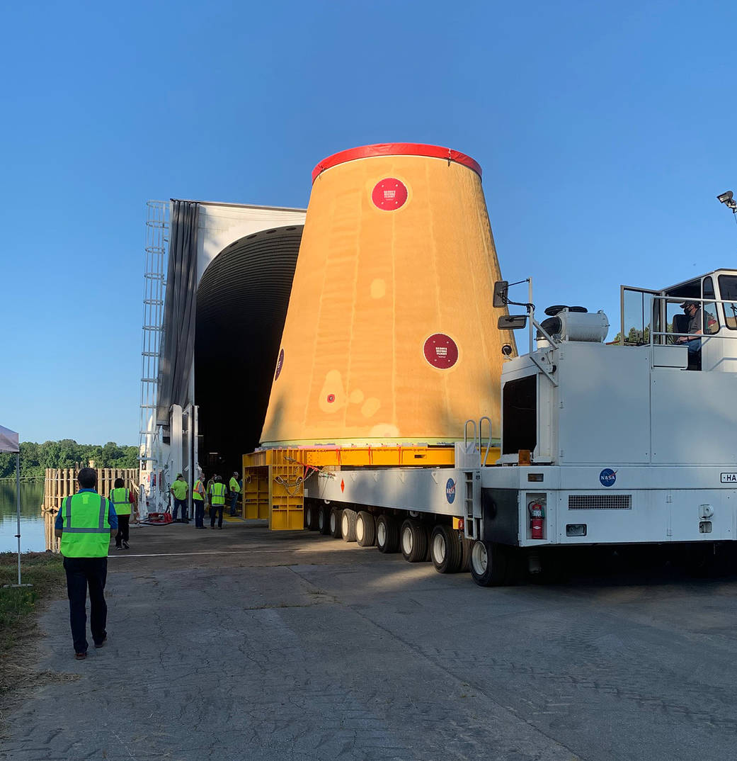 Space Launch System (SLS) rocket’s launch vehicle stage adapter is loaded on the Pegasus barge 