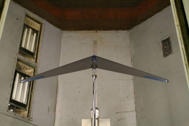 Top view of the Prandtl-d  wind tunnel model in the NASA Langley 12-foot wind tunnel.