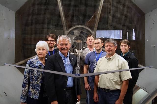 The Prandtl-d wind tunnel test team (l-r) with the Prandtl-d wind tunnel model.