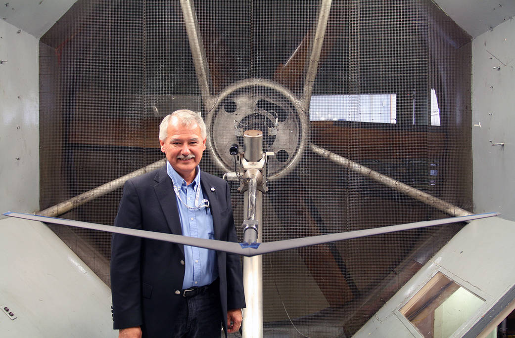 Al Bowers with the Prandtl-d wind tunnel model in the 12-foot wind tunnel.