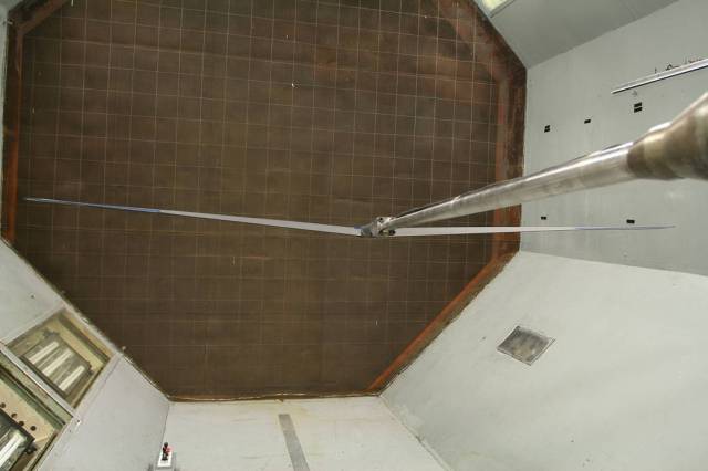 Rear view of the Prandtl-d wind tunnel model in the NASA Langley 12-foot wind tunnel.