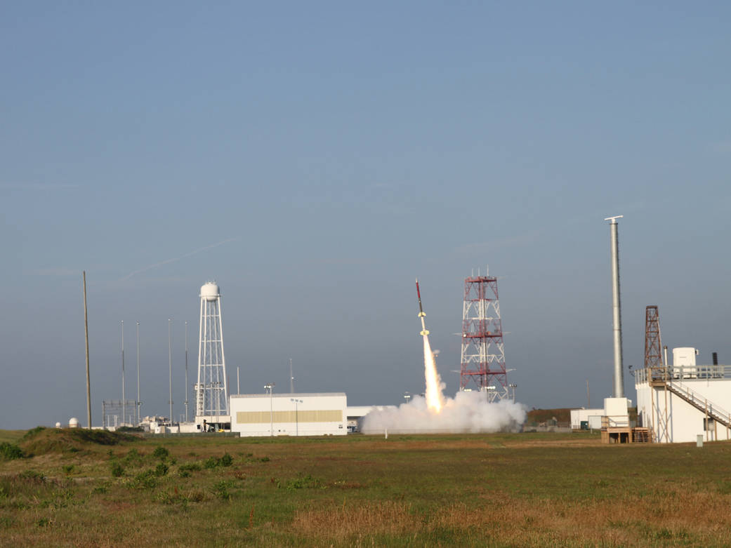 The RockOn sounding rocket lifts off the pad at 7:21 a.m. EDT.