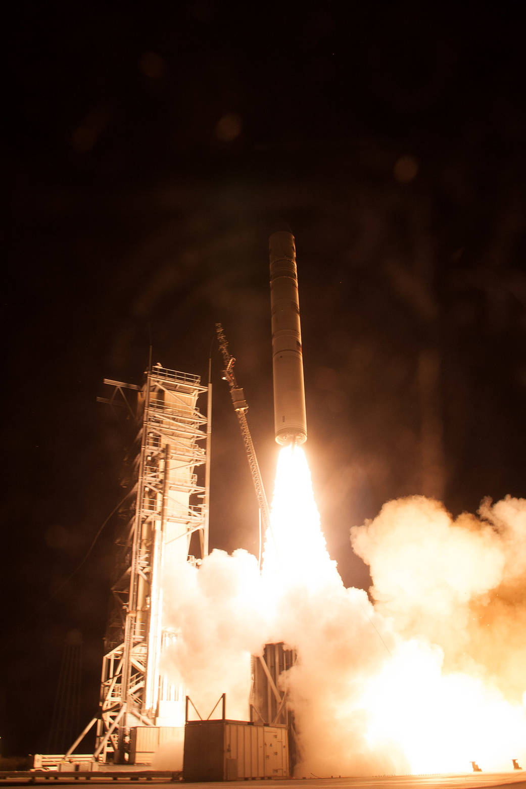 View from below of fiery rocket launch with LADEE spacecraft aboard