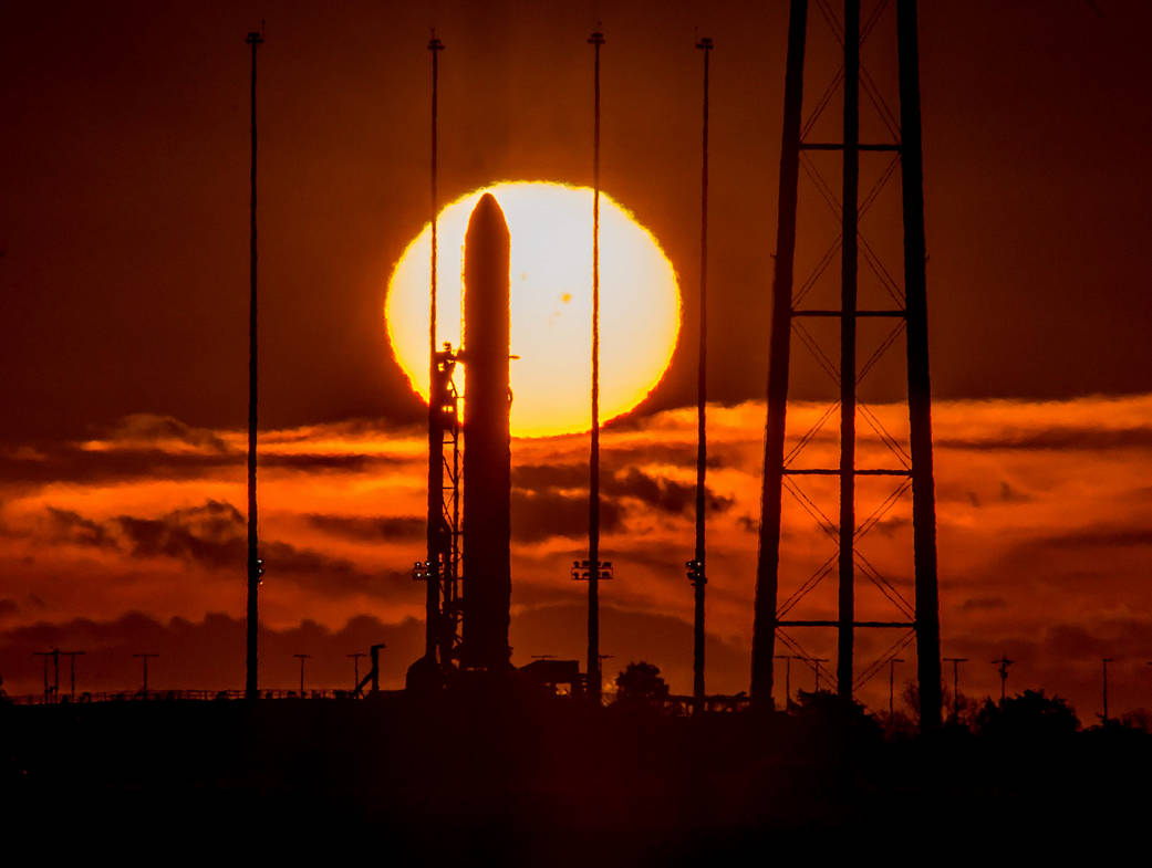 An Orbital Sciences Corporation Antares rocket is seen on the launch pad at NASA's Wallops Flight Facility, Wallops Island, Va.,