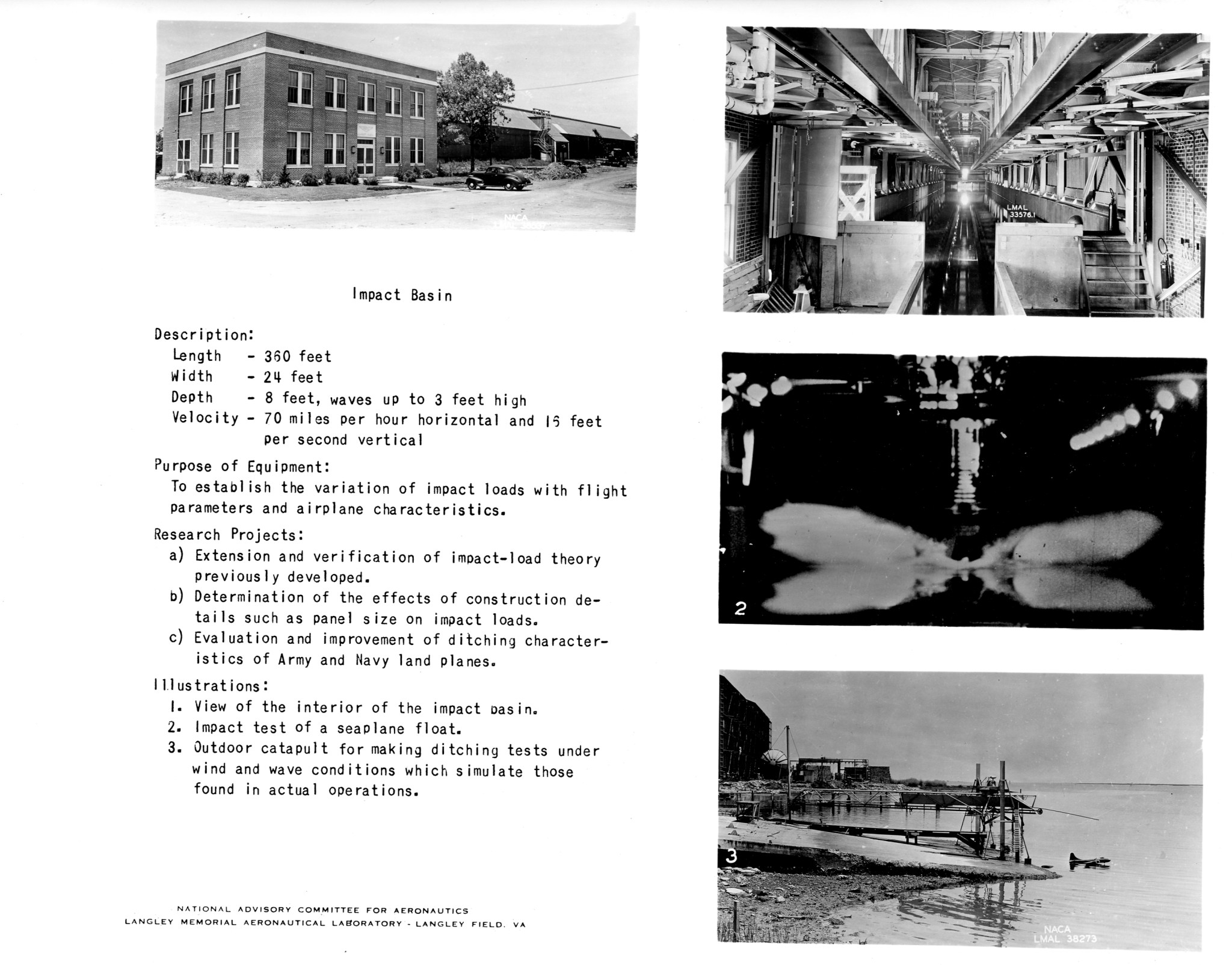 NACA Langley Memorial Aeronautical Laboratory description of Impact Basin; date unknown.