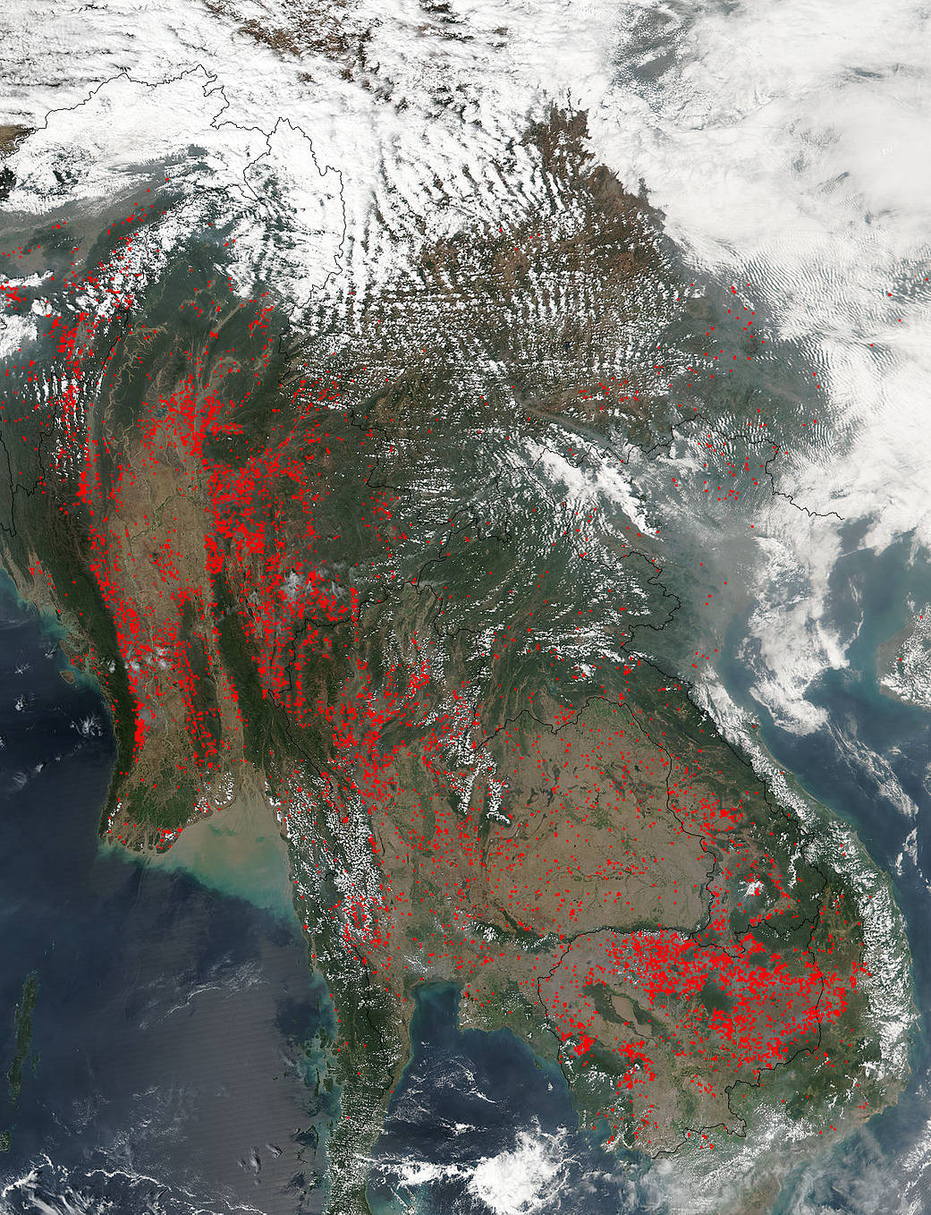 Suomi NPP image of fires in Indochina