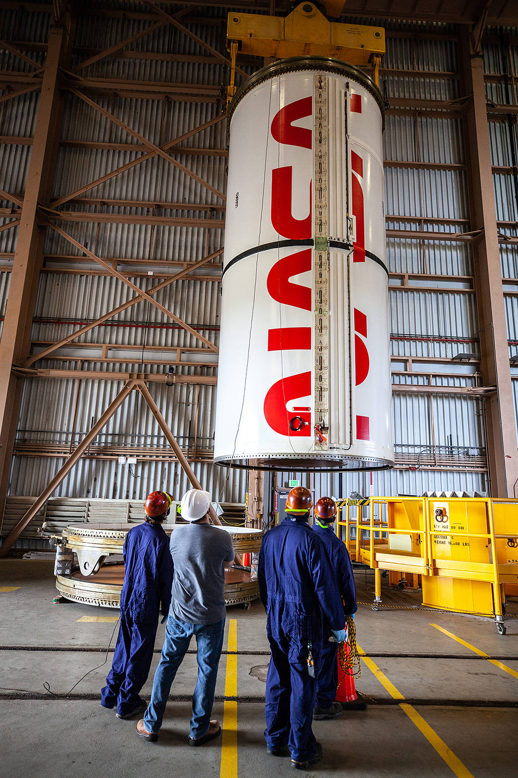The NASA logotype, or "worm" logo, is seen on the interstage segment of the Space Launch System.