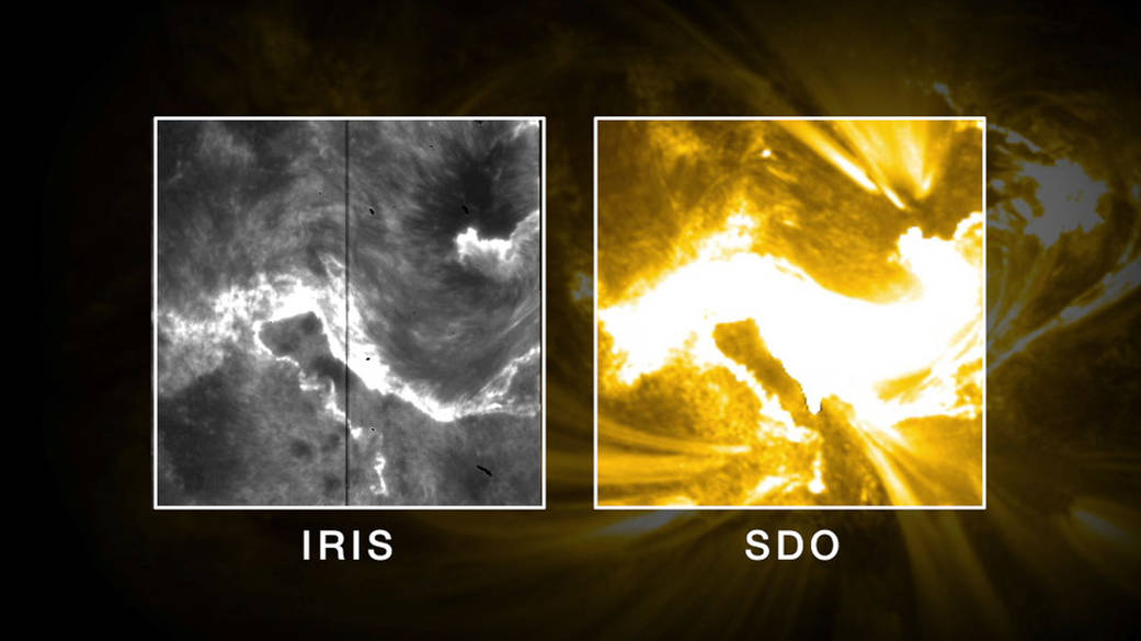 Two views of an X-class solar flare on Sept. 10, 2014: IRIS on left; SDO on right. 