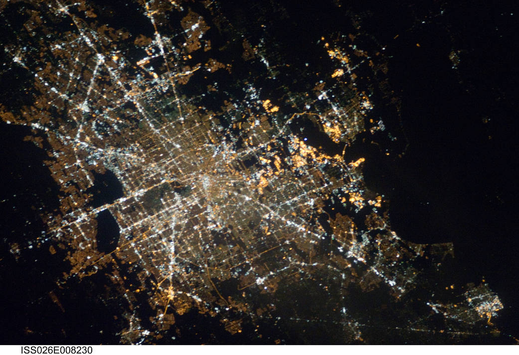 Houston at night taken by Expedition 26 crew in December 2017