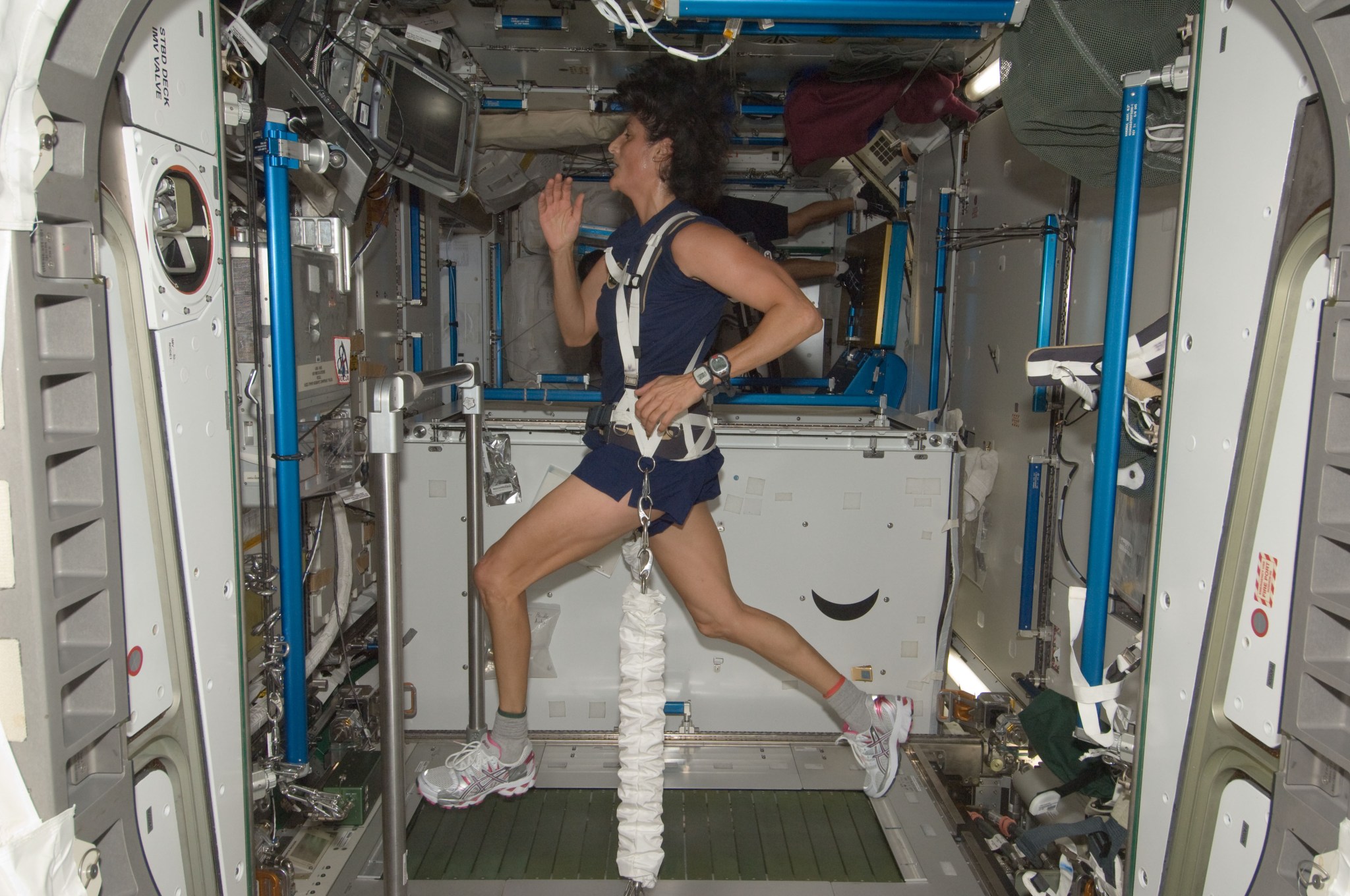 NASA astronaut Sunita Williams exercises