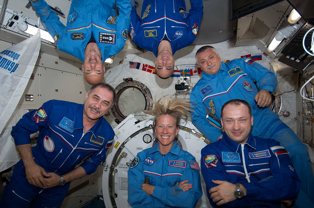  In the bottom half of the photo, left to right, are Expedition 36 Commander Pavel Vinogradov of Russia's Federal Space Agency (