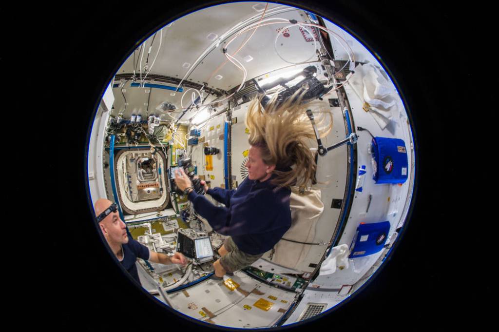 Fisheye View of Astronauts in Tranquility Node