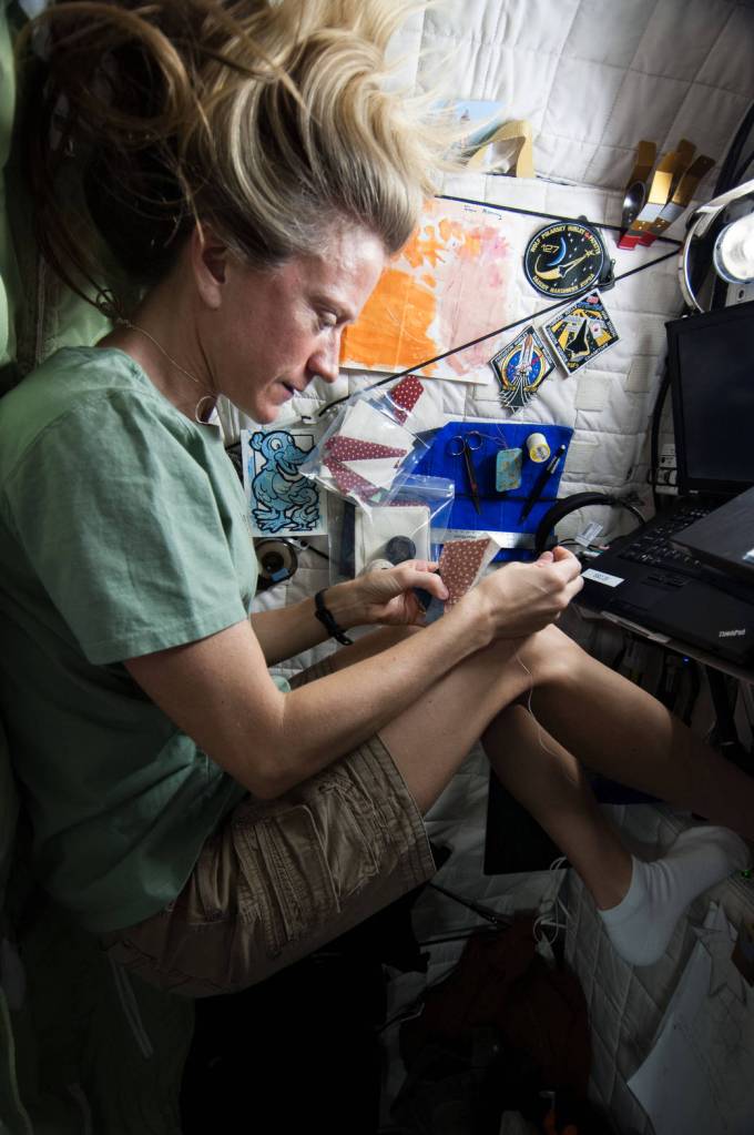 Astronaut Karen Nyberg Sews Aboard Station