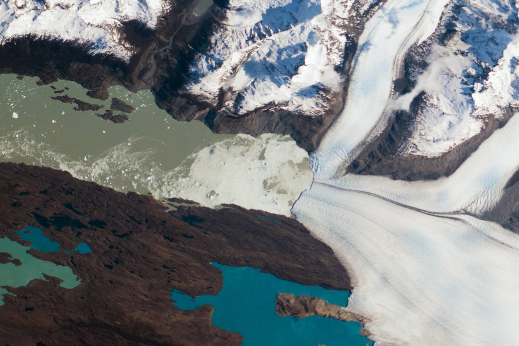 This photograph by an astronaut on the International Space Station highlights the snout of the Upsala Glacier (49.88°S, 73.3°W