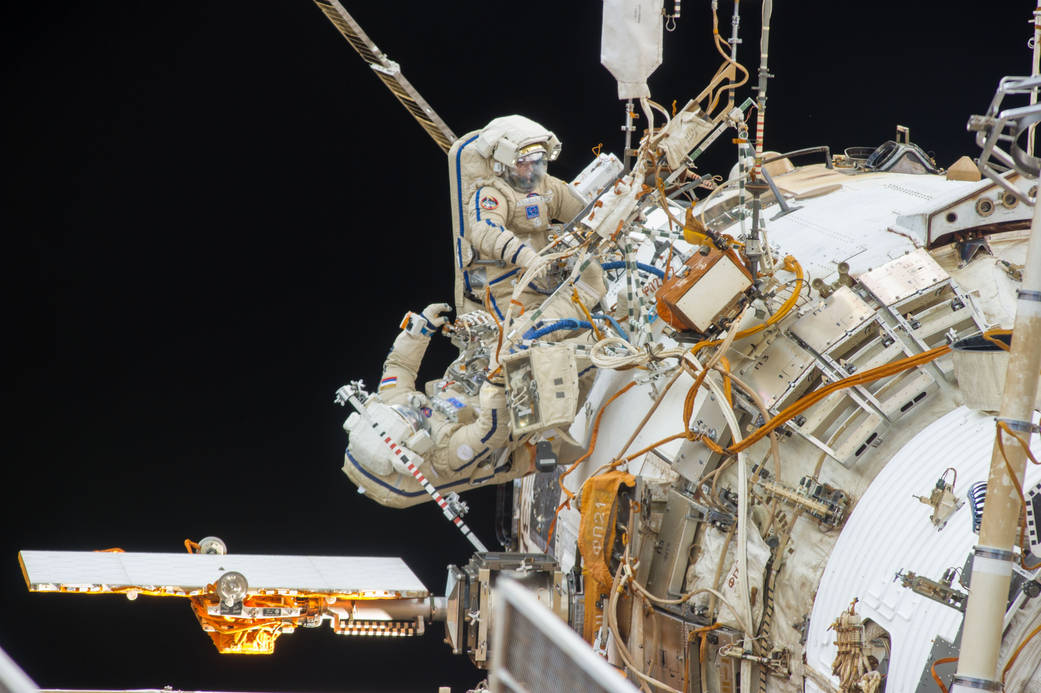 Russian Spacewalkers Oleg Kotov and Sergey Ryazanskiy