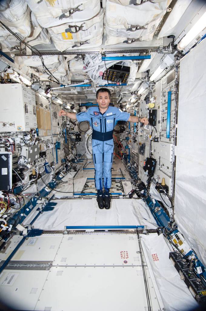 Koichi Wakata Wears the Penguin-3 Antigravity Suit