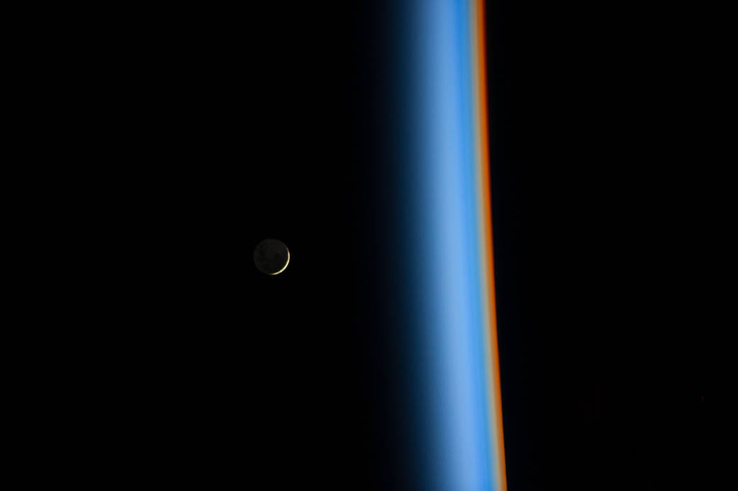 On Feb. 1, 2014, Japan Aerospace Exploration Agency astronaut Koichi Wakata tweeted this view of a crescent moon rising and the 