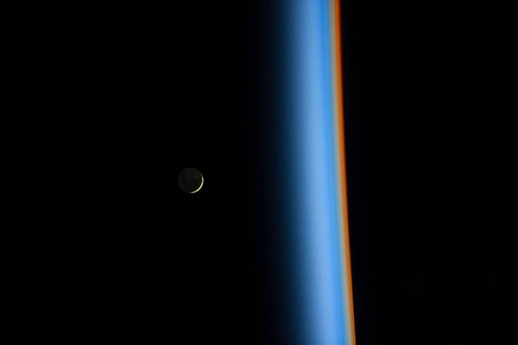 On Feb. 1, 2014, Japan Aerospace Exploration Agency astronaut Koichi Wakata tweeted this view of a crescent moon rising and the 