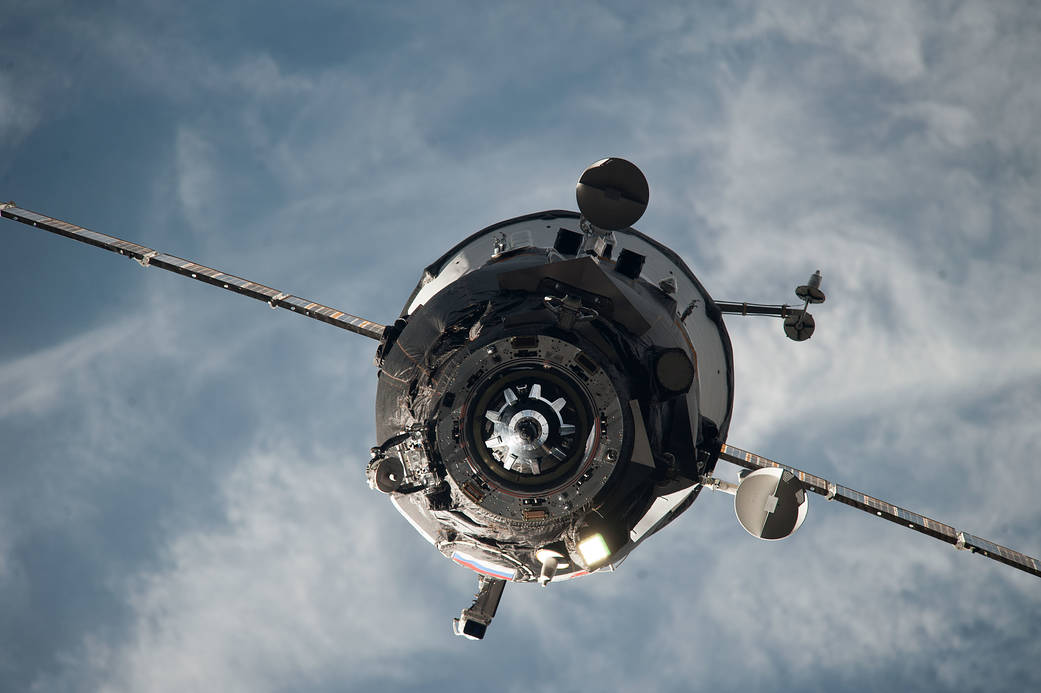 An unpiloted ISS Progress resupply vehicle approaches the International Space Station, carrying 2.8 tons of food, fuel and supplies for the Expedition 38 crew members.