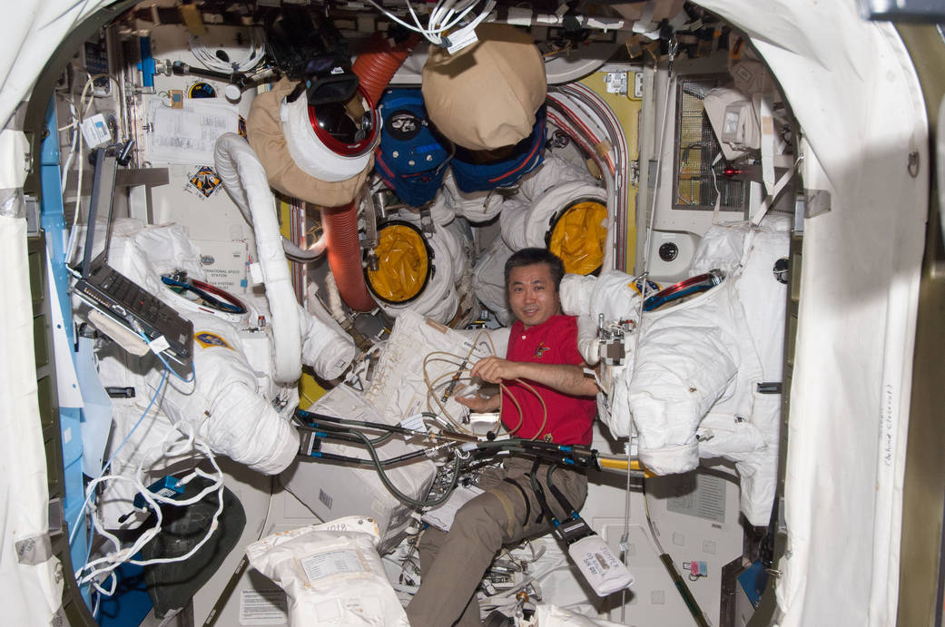 Koichi Wakata Works With Space Suits