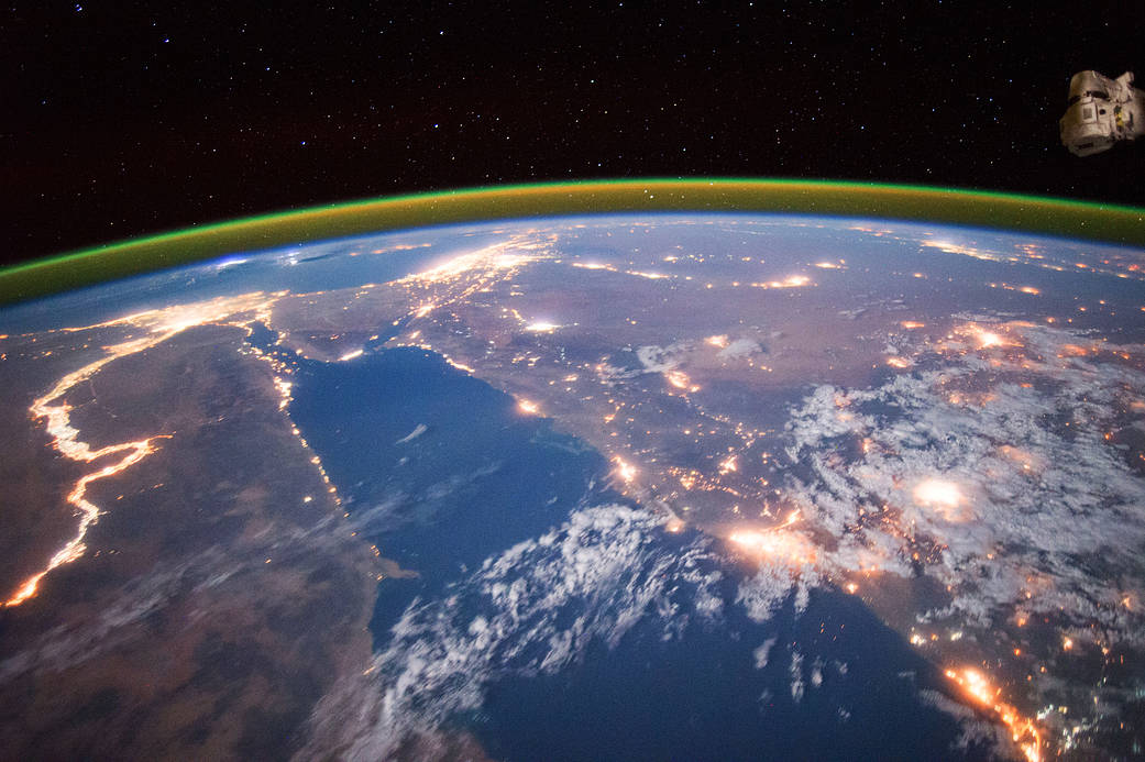 The Nile river and Red Sea at night photographed from the International Space Station.